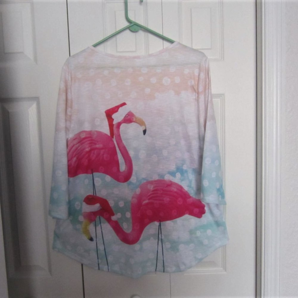 1X Flamingo Christmas Top--Tropical Santa Flamingos-Embellished--NWT - Picture 7 of 7
